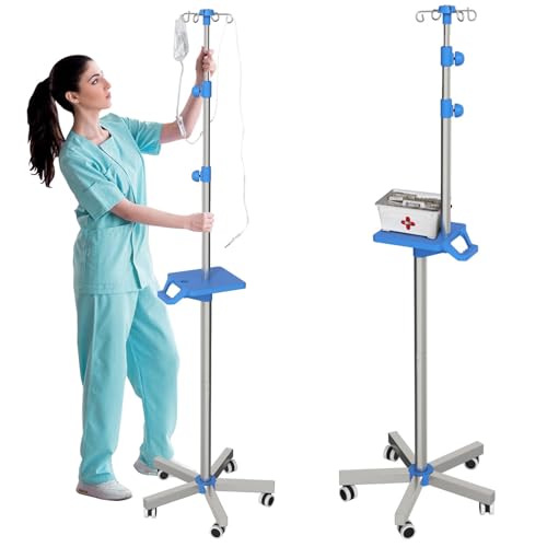 Rolling IV-Ständer mit Tablett – Edelstahl-IV-Ständer mit 4 Haken, Rädern und höhenverstellbarer Konstruktion für Kliniken und zu Hause von Moricher