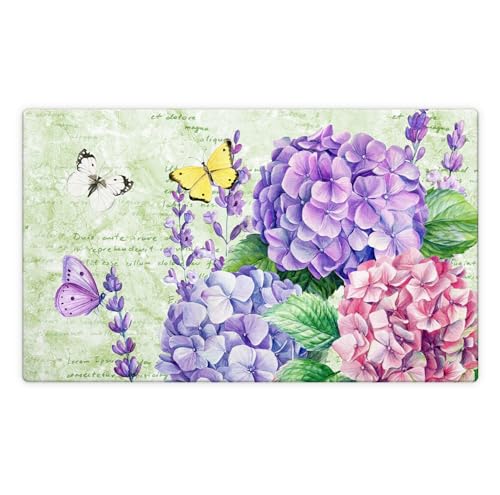 Morigins Gummi-Fußmatte, Motiv: Frühlings-Hortensien, Blumenblüten, Schmetterling, dekorativ, für drinnen und draußen, 45,7 x 76,2 cm von Morigins