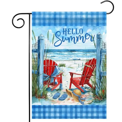 Morigins Hello Summer Gartenflagge, Strandkorb, tropisch, doppelseitig, für saisonale Outdoor-Dekoration, 31,8 x 45,7 cm von Morigins