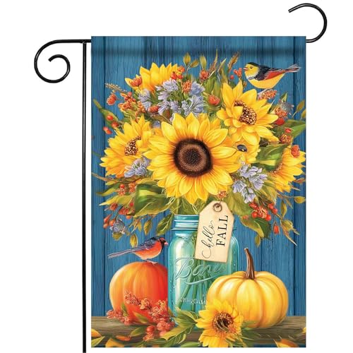 Morigins Herbst-Gartenflaggen, Sonnenblumenkürbis-Druck, Willkommensflagge für draußen, Erntedankfest, Einmachglas-Muster, doppelseitig, florales Hausdekor (klein - 31,8 x 45,7 cm) von Morigins