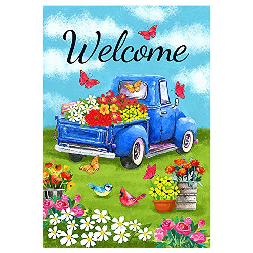 Morigins Welcome Flower Truck Gartenflagge Frühling Rot LKW Gänseblümchen Haus Hofflagge Large - 28"x40" blau von Morigins