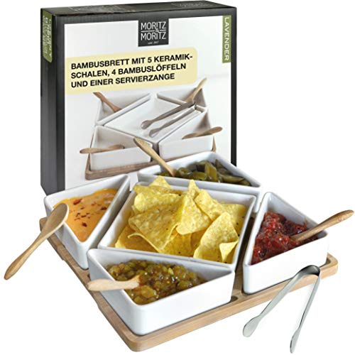 Moritz & Moritz 5x Weiße Dipschalen Set mit Brett Holz - Dip Schälchen für Snacks - Snack Schalen Set Keramik - Dip Schalen Set - Kleine Schüsseln als Saucenschälchen, Snackschalen, Dessertschalen von Moritz & Moritz