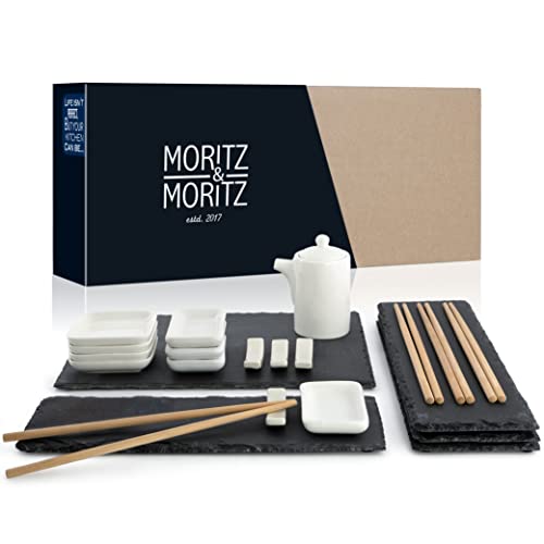 Moritz & Moritz 22-tlg. Sushi Geschirr Set für 4 Personen - Servierset mit 4x Teller, 1x Servierplatte, 4x Dip-Schälchen, 8x Stäbchen u.v.m. von Moritz & Moritz