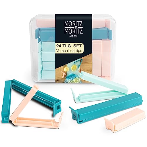 Moritz & Moritz 24 Verschlussclips – inkl. praktischer Box – Clips für Tüten – Tütenclips für Lebensmittelaufbewahrung – auch als Gefrierbeutel Clips geeignet von Moritz & Moritz