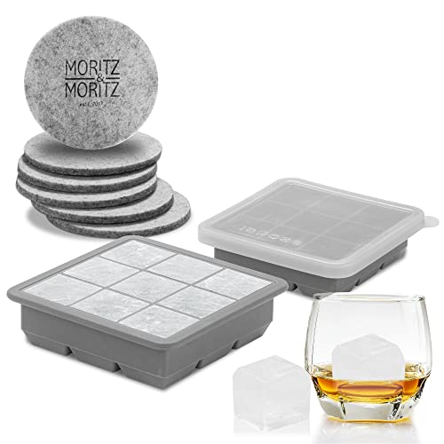 Moritz & Moritz 2X Eiswürfelbehälter mit Deckel Silikon – Große Eiswürfelform Silikon mit Deckel BPA frei für 18 Eiswürfel in Würfelform – Inkl. 6 Untersetzer & Rezeptheft von Moritz & Moritz