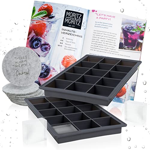 Moritz & Moritz 2x Eiswürfelform Eckig je 15 Stück – Eiswürfelform Silikon für 30 Eiswürfel in Würfelform – Inkl. 6 Filz–Untersetzer & Rezeptheft von Moritz & Moritz