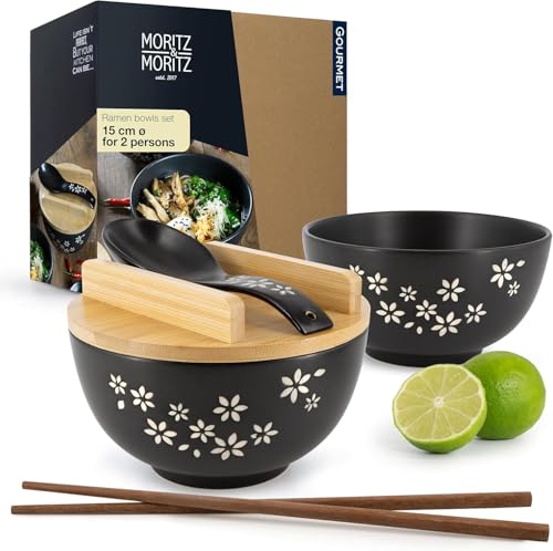 Moritz & Moritz 2X Ramen Schüssel Keramik - 600 ml - 15 cm Ø - Schwarzes Ramen Bowl Set für 2 Personen – Für Suppe, Pho und Sushi Bowl – Inkl. Stäbchen, Deckel und Löffel von Moritz & Moritz