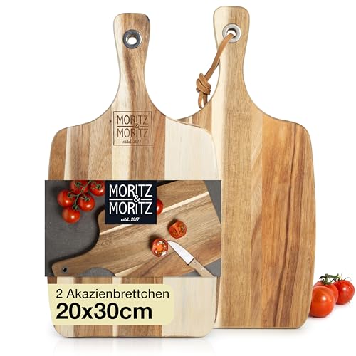 Moritz & Moritz 2x Servierbrett Holz - Je 33x18x1,9 cm – Holzbrett zum Servieren -Antibakterielles Akazie Holzbrett Küche auch als Frühstücksplatte oder Käseplatte Holz von Moritz & Moritz