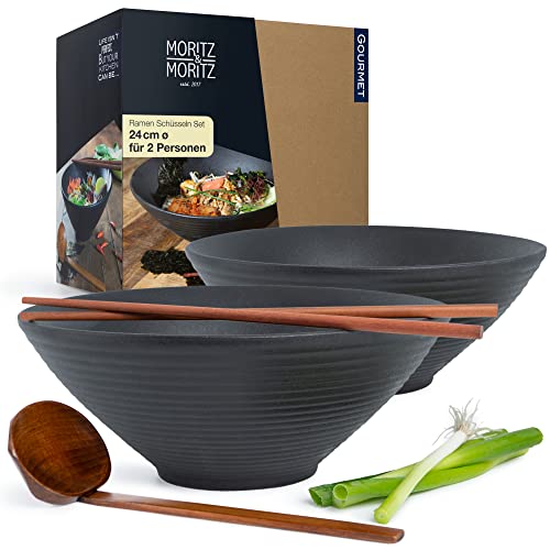 Moritz & Moritz 2x Ramen Schüssel Keramik - 24 cm Ø - Schwarzes Ramen Bowl Set für 2 Personen – Für Suppe, Pho und Sushi Bowl – Inkl. Stäbchen und Löffel von Moritz & Moritz