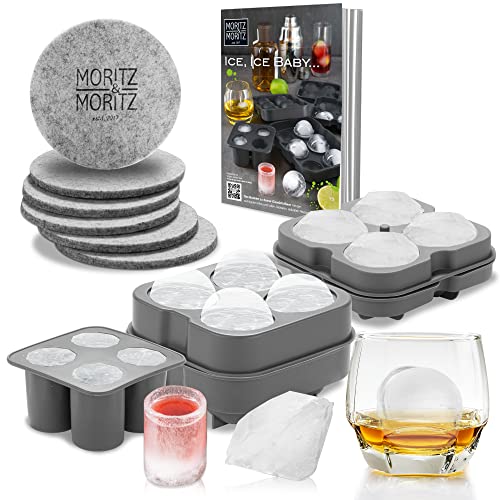 Moritz & Moritz 3x Eiswürfelbehälter Set für je 4 Eiswürfel Kugel, Diamant und Shotglas – Eiswürfelform Silikon für 12 Eiswürfel – Inkl. 6 Untersetzer & Rezeptheft von Moritz & Moritz