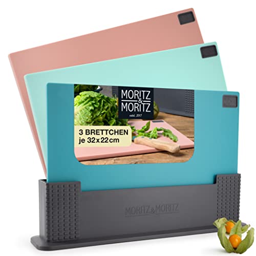 Moritz & Moritz 3x Schneidebrett Kunststoff Set - 32 x 22 cm - Im praktischen Ständer – Küchenbrett Groß – Spülmaschinengeeignet und hygienisch von Moritz & Moritz