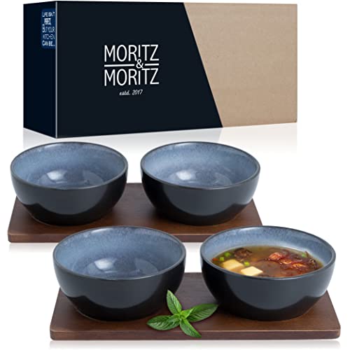 Moritz & Moritz VIDA 4x Miso Schüssel Set 12 cm Ø – Japanisches Geschirr Set aus Keramik und Sandelholz für Miso Suppe, Dip und Snacks – Mit Serviertablett von Moritz & Moritz