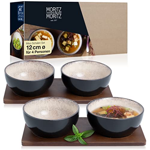 Moritz & Moritz VIDA 4x Miso Schüssel Set 12 cm Ø - Japanisches Geschirr Set aus Keramik und Sandelholz für Miso Suppe, Dip und Snacks – Mit Serviertablett von Moritz & Moritz