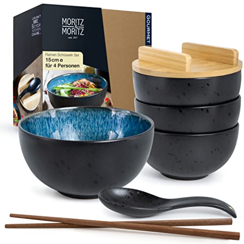 Moritz & Moritz SOLID 4x Set Ramen Blau Reaktiv inklusive Deckel und LöffelSchwarzes Ramen Bowl Set für 4 Personen – Für Suppe, Pho und Sushi Bowl von Moritz & Moritz