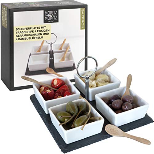 Moritz & Moritz 4x Weiße Dipschalen Set mit Schieferplatte - Dip Schälchen für Snacks - Snack Schalen Set Keramik - Dip Schalen Set - Kleine Schüsseln als Saucenschälchen, Snackschalen, Dessertschalen von Moritz & Moritz