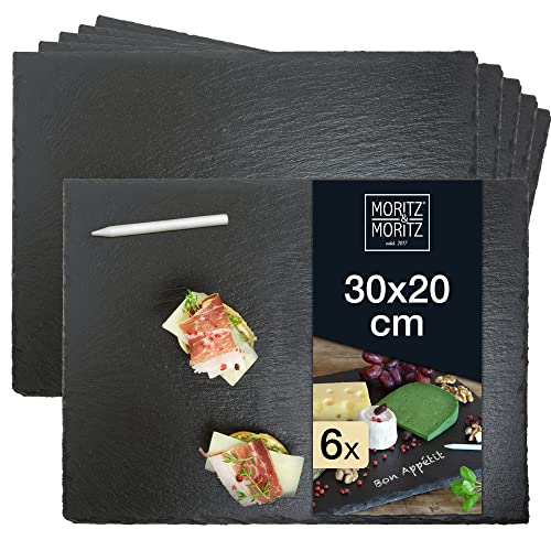 Moritz & Moritz 6 x Schieferplatte Servierplatte 30x20 cm mit Kreidestift - Schieferplatte 30x20 - Schieferplatten fürs Buffet, Sushi und Käse - Zum Anrichten und als Deko - Servierplatten Schiefer von Moritz & Moritz