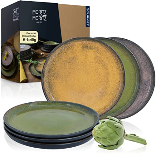 Moritz & Moritz VIDA 6er Dessert Teller Set in den Vintagetönen Rot, Gelb und Grün - Kuchenteller für 6 Personen - Porzellan spülmaschinen- und mikrowellengeeignet von Moritz & Moritz