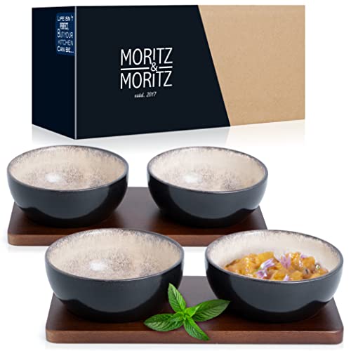 Moritz & Moritz VIDA 4x Dip Schalen Set mit Brett – 10cm Ø - 4 Dipschalen Grau-Beige aus Porzellan - Für Snacks, Dessert, Dips und Saucen von Moritz & Moritz