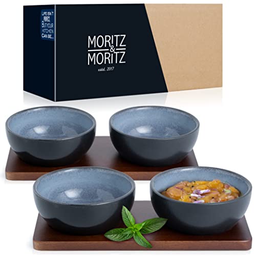 Moritz & Moritz VIDA 4x Dip Schalen Set mit Brett – 10cm Ø - 4 Dipschalen Grau-Blau aus Porzellan - Für Snacks, Dessert, Dips und Saucen von Moritz & Moritz