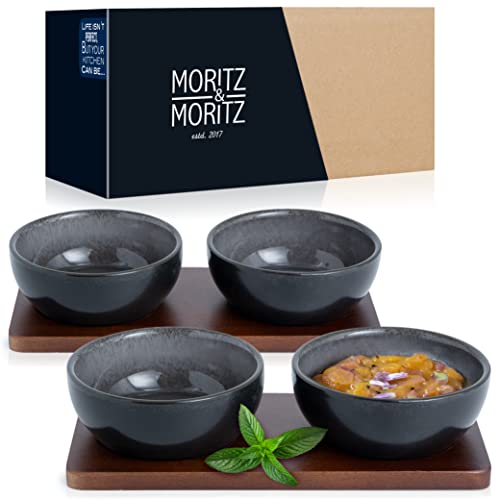 Moritz & Moritz VIDA 4x Dip Schalen Set mit Brett – 10cm Ø - 4 Dipschalen Schwarz Grau-Blau aus Porzellan - Für Snacks, Dessert, Dips und Saucen von Moritz & Moritz