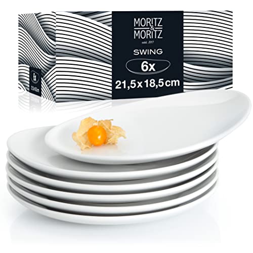 Moritz & Moritz 6tlg Swing Dessert Teller Set 6 Personen 21,5 x 18,5 cm – Keramik Geschirrset als Kuchenteller, Frühstücksteller oder Dessertteller weiß – Made in Portugal von Moritz & Moritz