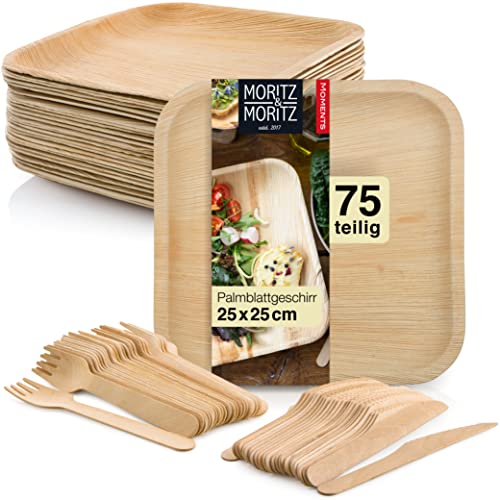 Moritz & Moritz 75 tlg Nachhaltiges Palmblatt Geschirr - 25 Teller Einweg 25 x 25 cm - 25 Holzbesteck Einweg - Alternative zu Bambusteller und Bambus Geschirr von Moritz & Moritz