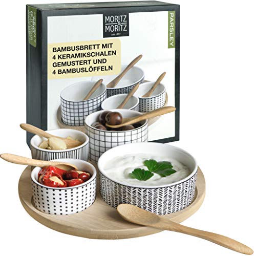 Moritz & Moritz 9 tlg Servier Set Parsley – Für Tapas Snacks Vorspeisen Dips – Keramik Schalen – Serviertablett Löffel Bambus von Moritz & Moritz