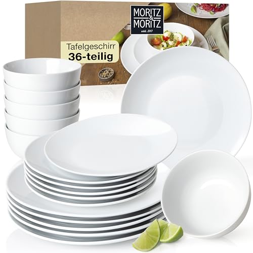 Moritz & Moritz BASIC 36-tlg. Geschirrset 12 Personen modern – aus hochwertigem Porzellan in klassischem Weiß – bestehend aus 12x Dinnerteller, 12x Dessertteller & 12x Schalen von Moritz & Moritz