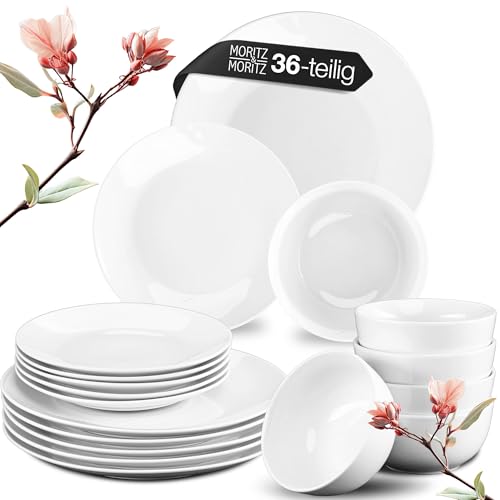 Moritz & Moritz BASIC 36-tlg. Geschirrset 12 Personen modern - aus hochwertigem Porzellan in klassischem Weiß - bestehend aus 12x Dinnerteller, 12x Dessertteller & 12x Schalen von Moritz & Moritz