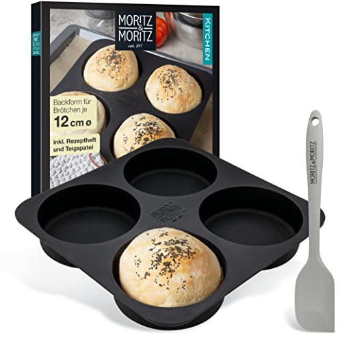 Moritz & Moritz Burger Buns Backform Silikon Rund 12cm Ø - Für Brot, Burger Buns und XXL Muffins – inkl. Teigschaber und Rezeptheft von Moritz & Moritz