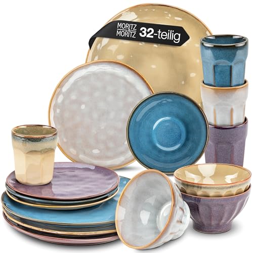 Moritz & Moritz COPA 32-tlg Geschirrset 8 Personen - Elegantes Teller Set aus hochwertigem Steinzeug - Geschirr Set 8 Personen aus je 8x Dinnerteller, Dessertteller, Müslischale & Kaffeebecher von Moritz & Moritz