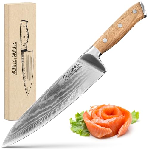 Moritz & Moritz Damastmesser 20 cm - Profi Kochmesser aus 67 Lagen Damaststahl - Scharfes Küchenmesser - Japanisches Chefmesser - Ergonomischer Griff aus Akazienholz - Damaskus Messer Stahl von Moritz & Moritz