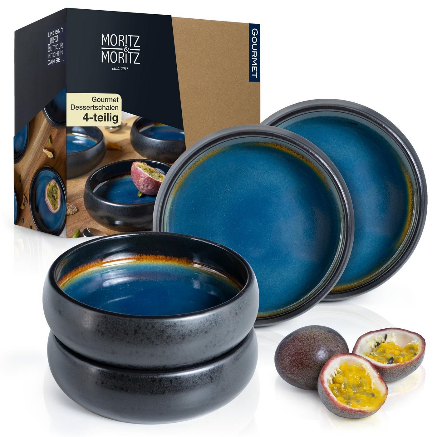 Moritz & Moritz Dessertschale Moritz & Moritz 4tlg Dessert Schale Blau-Braun Geschirr Set Reaktiv, Steinzeug, (4er Set, 4-tlg), Dip Schälchen aus Steinzeug für Dessert von Moritz & Moritz