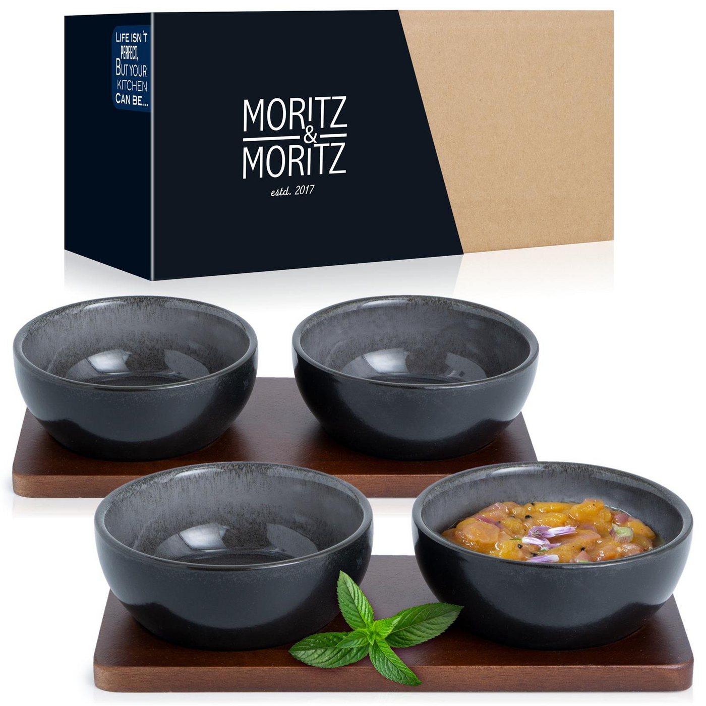 Moritz & Moritz Dipschale Moritz & Moritz 4tlg Dip Schalen Anthrazit Asia Geschirr Set Digital, Porzellan, Sandelholz, (Set, 6-tlg, 6-tlg), 10cm Ø für Snacks, Dessert, Dips und Saucen von Moritz & Moritz