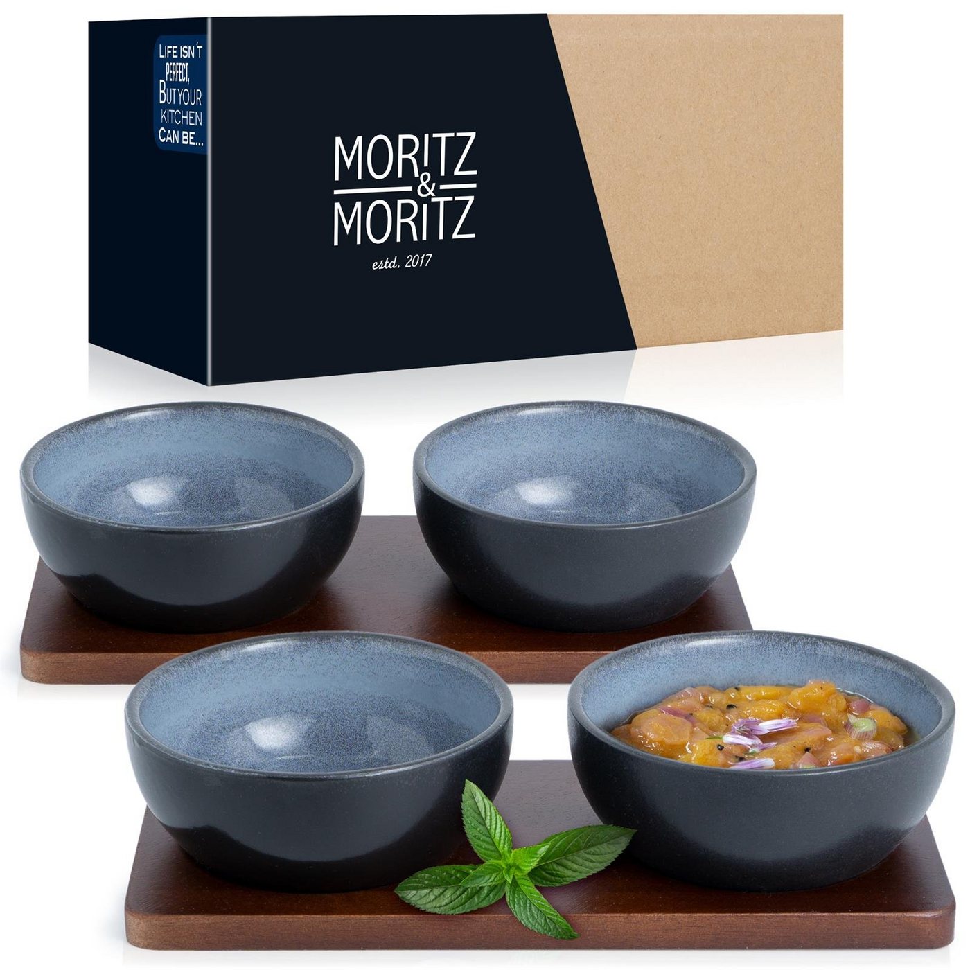 Moritz & Moritz Dipschale Moritz & Moritz 4tlg Dip Schalen Blau Asia Geschirr Set Digital, Porzellan, Sandelholz, (Set, 6-tlg, 6-tlg), 10cm Ø für Snacks, Dessert, Dips und Saucen von Moritz & Moritz