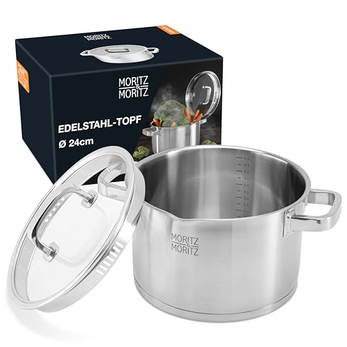 Moritz & Moritz Edelstahl Kochtopf Induktion 24cm mit Sieb im Deckel - Für alle Herdarten geeignet - Skala bis 6L - Integriertes Sieb im Deckel - Induktions Topf für Suppen und Eintöpfe von Moritz & Moritz