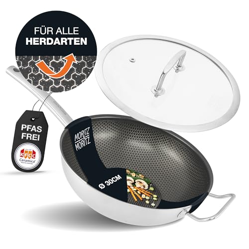 Moritz & Moritz Edelstahl Wokpfanne mit Deckel 30cm und Keramikbeschichtung der neuesten Generation - für alle Herdarten geeignet - Antihaft Wok Wabenstruktur zum Kochen, Braten und Schmoren von Moritz & Moritz