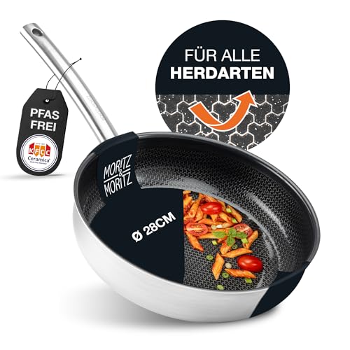 Moritz & Moritz Edelstahlpfanne Wabenstruktur 28cm mit Keramikbeschichtung der neuesten Generation - für alle Herdarten geeignet - Antihaft Pfanne mit geradem Rand zum Kochen, Braten und Schmoren von Moritz & Moritz