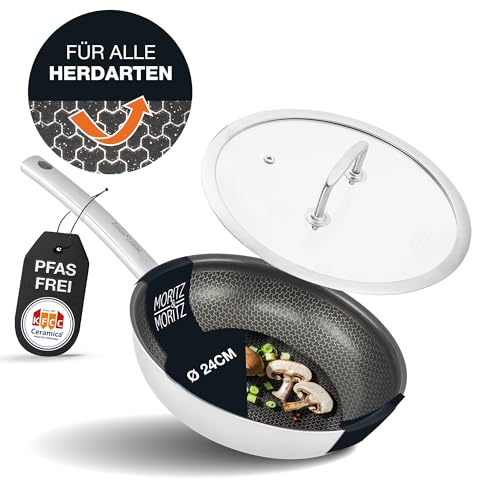 Moritz & Moritz Edelstahlpfanne mit Deckel 24cm und Keramikbeschichtung der neuesten Generation - für alle Herdarten geeignet - Antihaft Pfanne Wabenstruktur zum Kochen, Braten und Schmoren von Moritz & Moritz