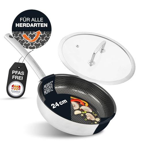 Moritz & Moritz Edelstahlpfanne mit Deckel 24cm und Keramikbeschichtung der neuesten Generation - für alle Herdarten geeignet - Antihaft Pfanne Wabenstruktur zum Kochen, Braten und Schmoren von Moritz & Moritz