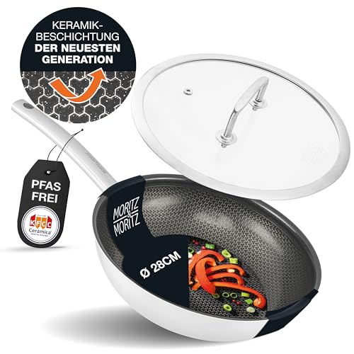 Moritz & Moritz Edelstahlpfanne mit Deckel 28cm und Keramikbeschichtung der neuesten Generation - für alle Herdarten geeignet - Antihaft Pfanne Wabenstruktur zum Kochen, Braten und Schmoren von Moritz & Moritz