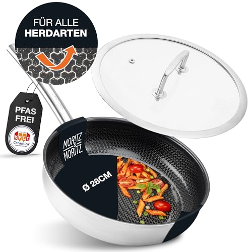 Moritz & Moritz Edelstahlpfanne mit Deckel 28cm und Keramikbeschichtung der neuesten Generation - für alle Herdarten geeignet - Antihaft Pfanne Wabenstruktur zum Kochen, Braten und Schmoren von Moritz & Moritz
