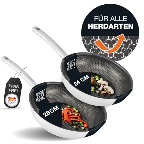 Moritz & Moritz Edelstahlpfannen 24 & 28cm mit Keramikbeschichtung der neuesten Generation - für alle Herdarten geeignet - Antihaft Pfannenset Wabenstruktur zum Kochen, Braten und Schmoren von Moritz & Moritz
