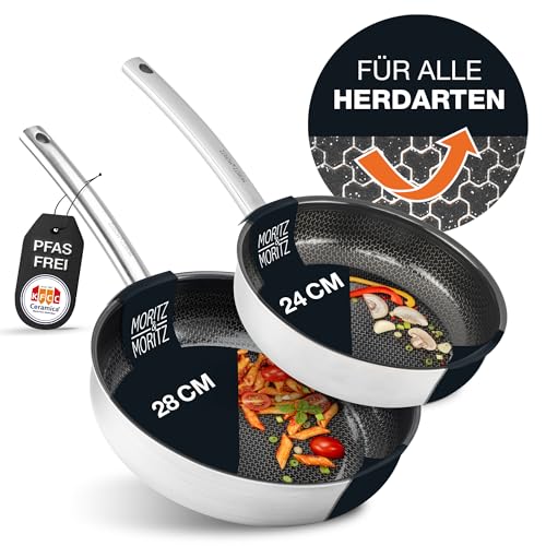 Moritz & Moritz Edelstahlpfannen 24 & 28cm mit Keramikbeschichtung der neuesten Generation - für alle Herdarten geeignet - Antihaft Pfannenset Wabenstruktur zum Kochen, Braten und Schmoren von Moritz & Moritz