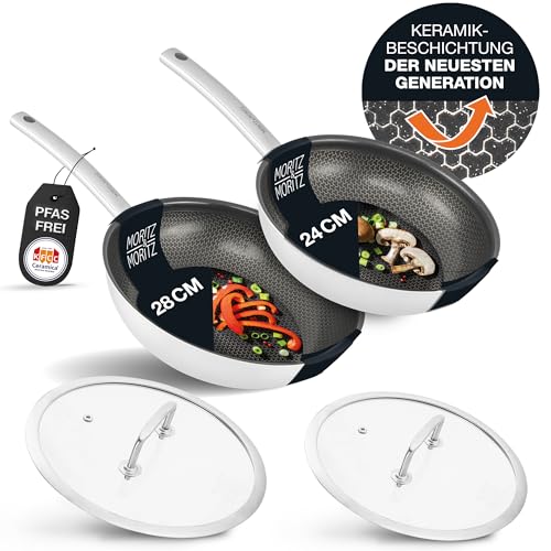 Moritz & Moritz Edelstahlpfannen mit Deckel 24 & 28cm und Keramikbeschichtung der neuesten Generation - für alle Herdarten geeignet - Antihaft Pfannenset Wabenstruktur zum Kochen, Braten und Schmoren von Moritz & Moritz