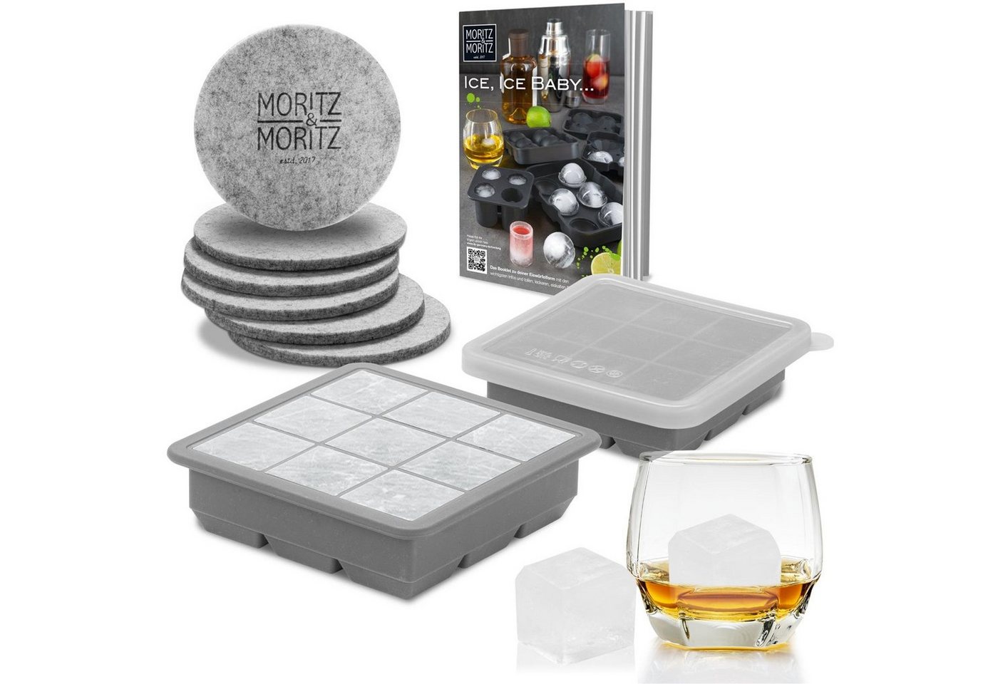 Moritz & Moritz Eiswürfelform Moritz & Moritz Kitchen - Eiswürfelform Eckig 9 Stück mit Deckel 2er, (2er Set 9-tlg), Silikonform mit Deckel für 18 Eiswürfel in Würfelform von Moritz & Moritz