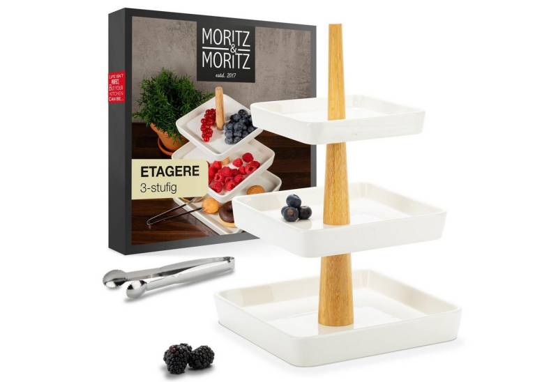 Moritz & Moritz Etagere Moritz & Moritz Etagere eckig 3-Stufig weiß mit Holz Stange, Porzellan, (3 Etagen, 2-tlg), Perfekt als Obstschale für Obst Aufbewahrung, Muffins und Cupcakes von Moritz & Moritz