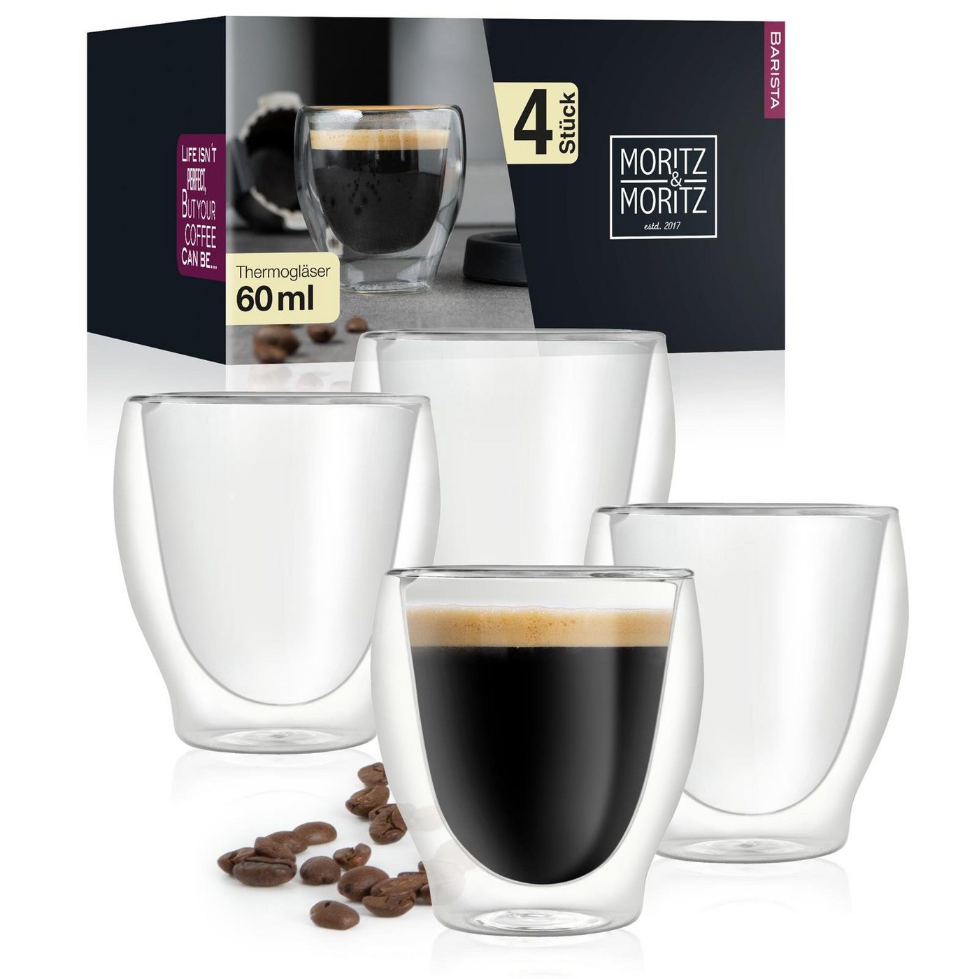 Moritz & Moritz Gläser-Set Moritz & Moritz Barista Milano 4 x 60 ml Doppelwand-Thermo-Gläser, Borosilikatglas, für Espresso, Tee, Heiß- und Kaltgetränke von Moritz & Moritz