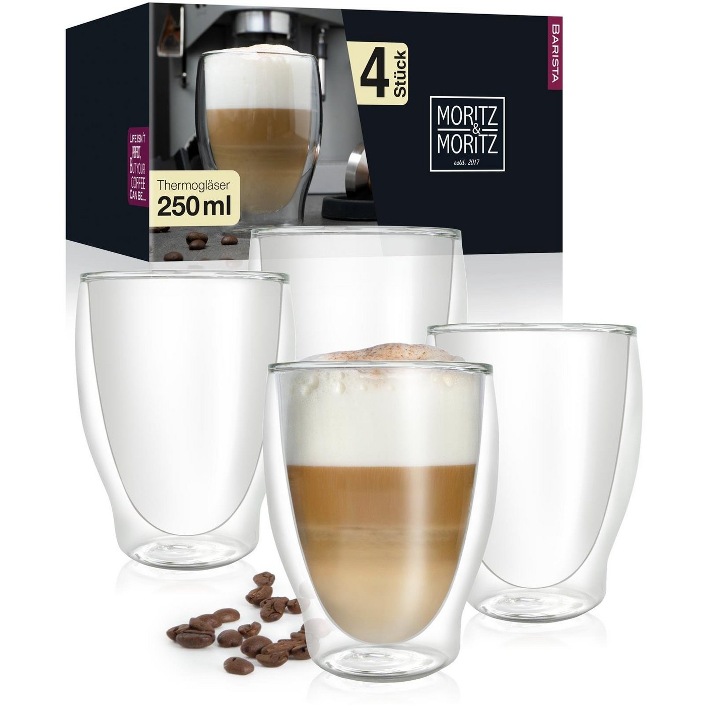 Moritz & Moritz Gläser-Set Moritz & Moritz Barista Milano 4 x 250 ml Doppelwand-Thermo-Gläser, Borosilikatglas, für Cappuccino Tee Heiß- und Kaltgetränke von Moritz & Moritz