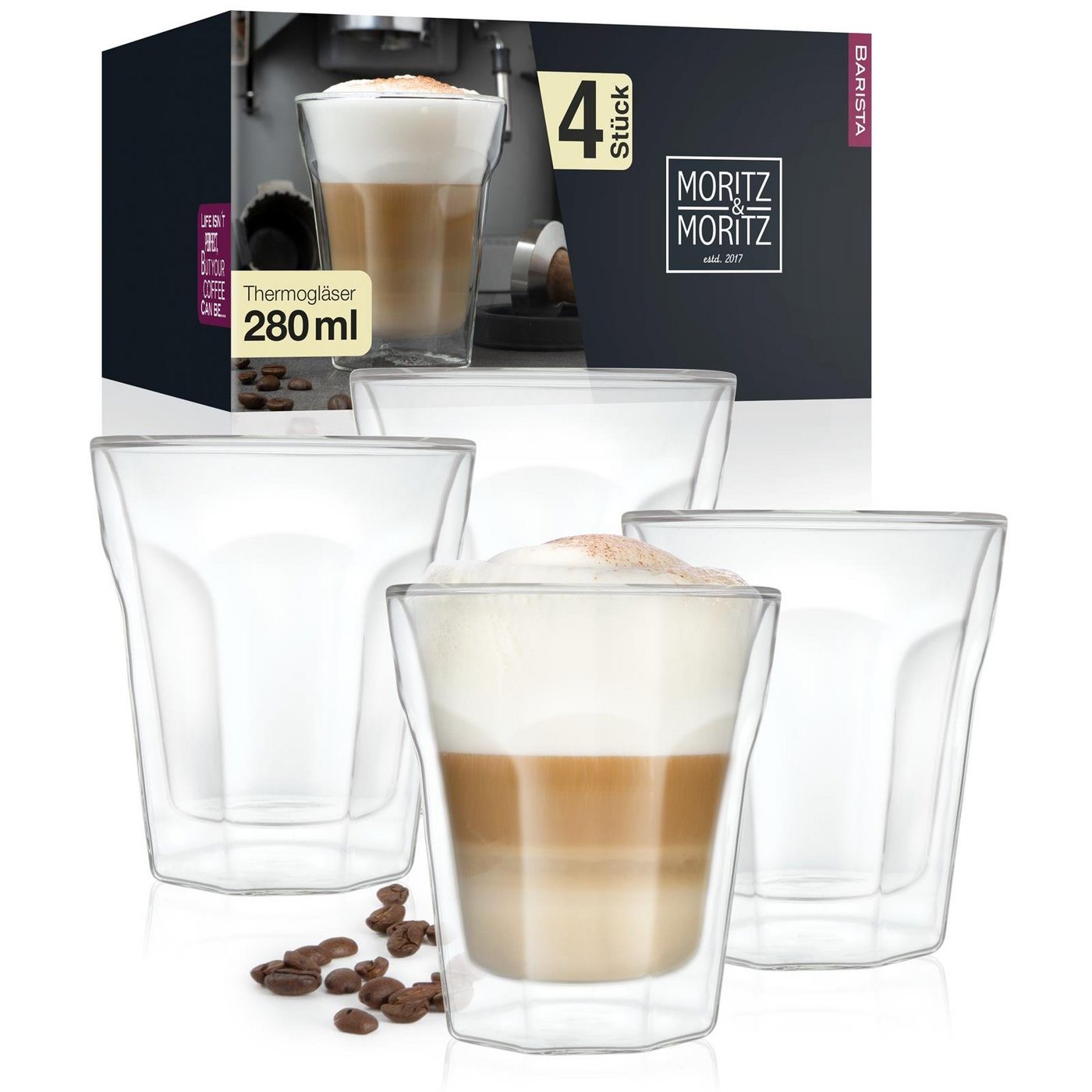 Moritz & Moritz Gläser-Set Moritz & Moritz Kelch Glas 4x 280ml, Borosilikatglas, Doppelwandige Gläser für Kaffee, Tee oder Dessert Moritz & Moritz Gläser-Set Moritz & Moritz Kelch Glas 4x 280ml, Borosilikatglas, Doppelwandige Gläser für Kaffee, Tee oder Dessert von Moritz & Moritz